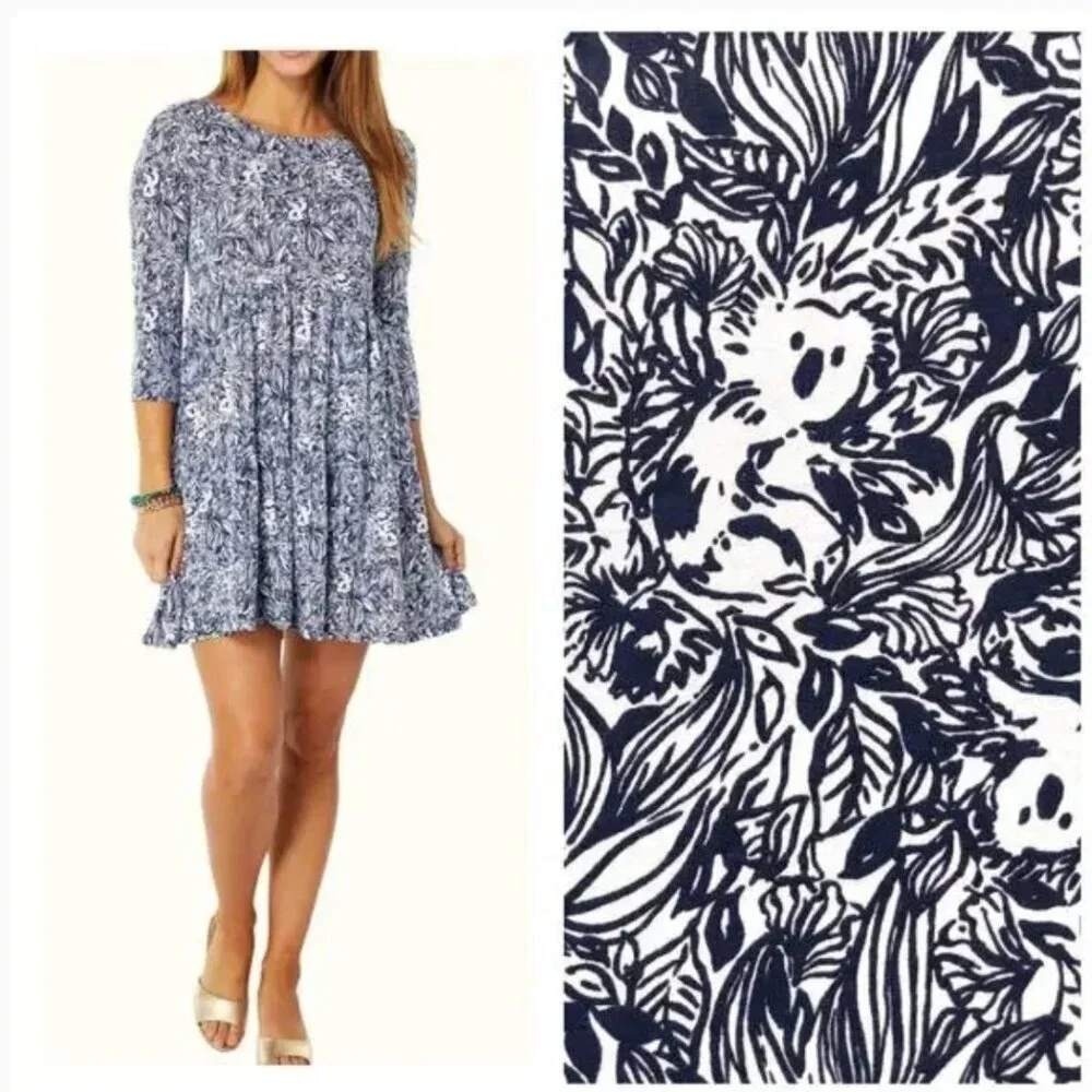 Lilly Pulitzer Geanna Dress Womens M Navy Koala Cotton Swing Tiered Long Sleeve